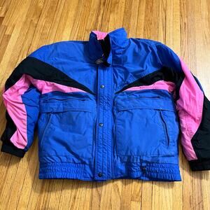 Double Black Coat Mens Large Down Filled Ski Jacket Neon Color Blue Pink Vintage